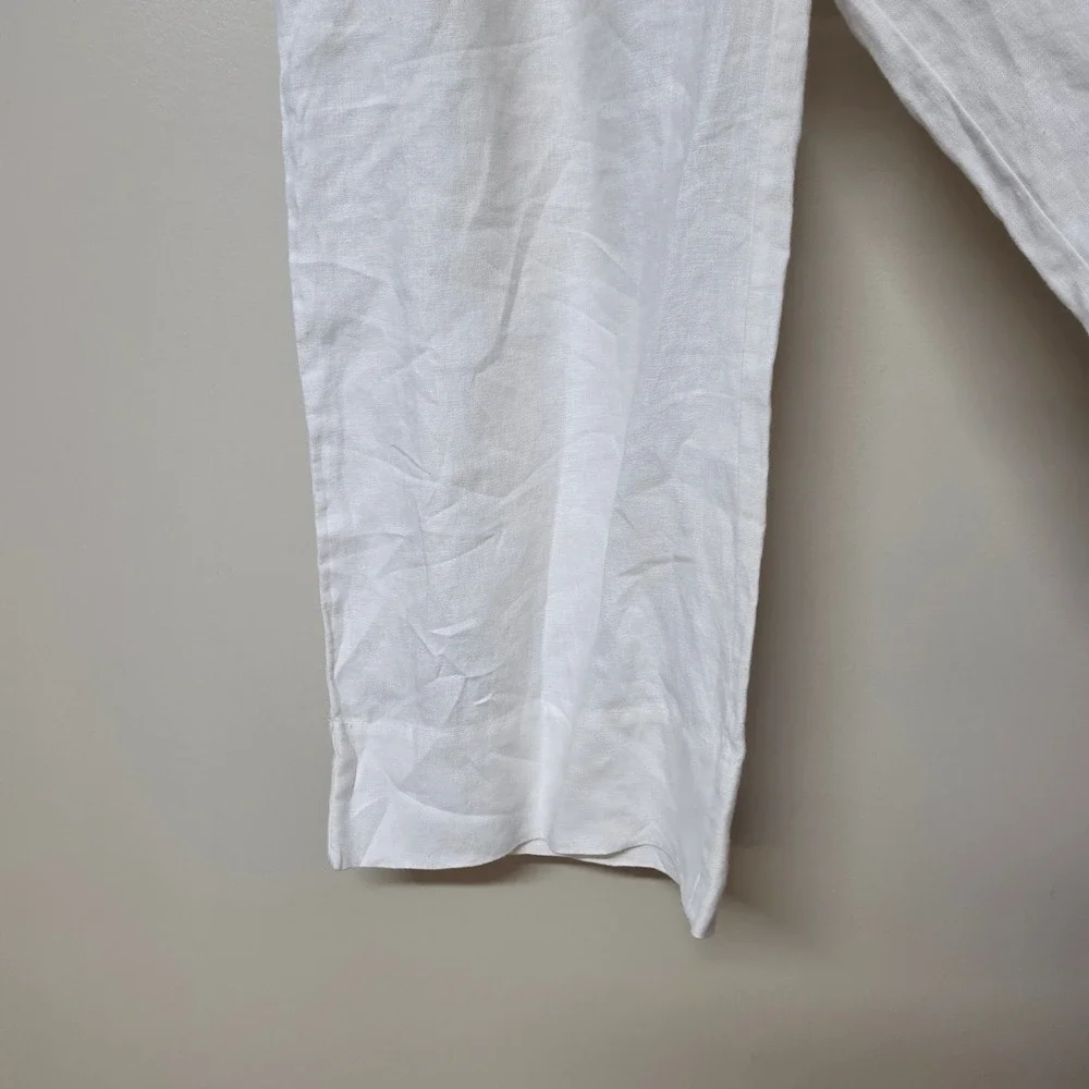 Soft Surroundings‎ White 100% Linen Wide Leg Cropped Pants Gold Button Size 10